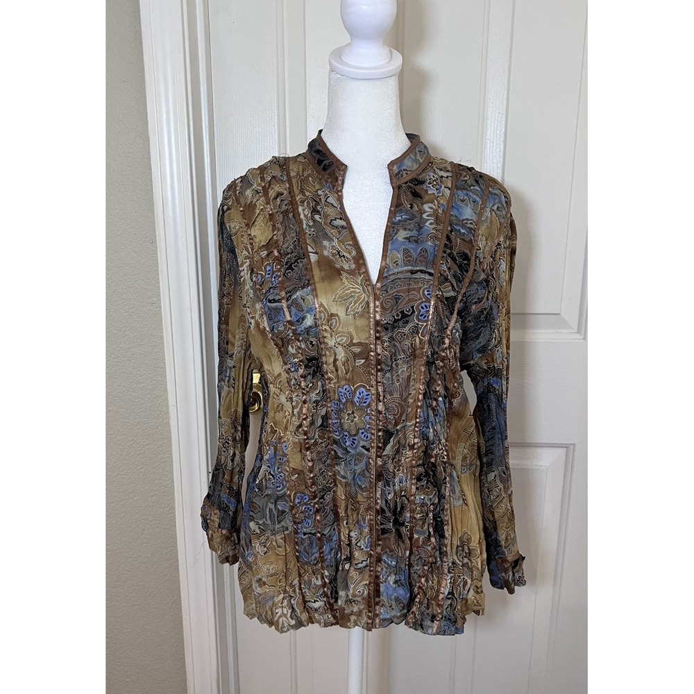 Piano Brown Floral Paisley Sheer Pleated Flutter Sleeve Blouse Y2K Boho Women M